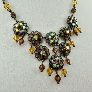 Vintage Style Amber AB Rhinestone Floral flower Statement Necklace